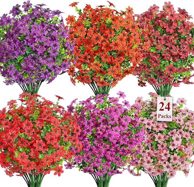 SHareconn 24 Bundles Artificial Flowers for Outdoor Spring Decorations, Realistic Fake Silk Plants UV-Resistant for Outdoor Planters,RedBrownPurpleDeepPurpleOrangePink