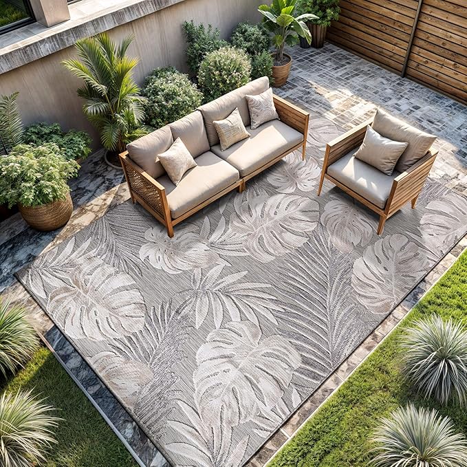 CAMILSON Indoor Outdoor Rug, Beige 9’x12’ Leaf Tropical Botanical Area Rugs for Indoor and Outdoor patios, Easy-Cleaning Non-Shedding Living Room, Garden and Kitchen Washable Outside Carpet (9x12)