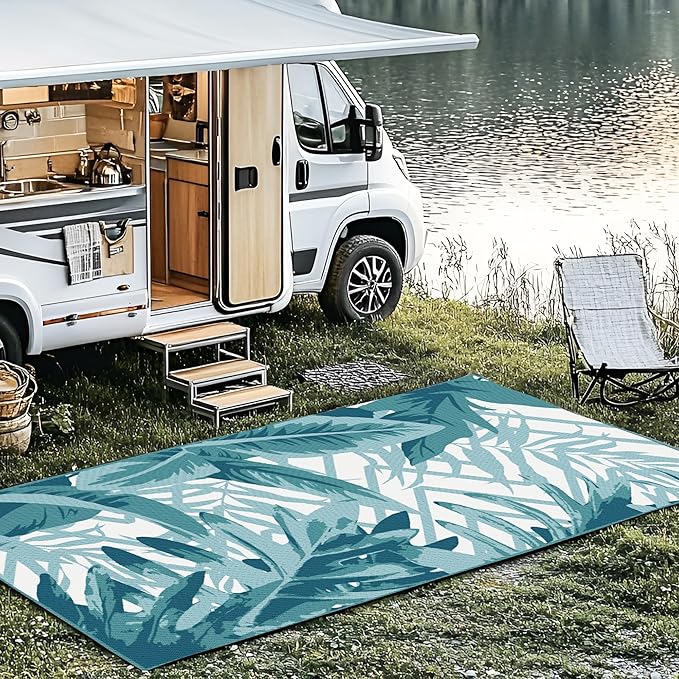Onelike 9x18' Outdoor Plastic Straw Rug Patio Rug Waterproof Design Non-Slip & Easy to Clean Perfect for Garden, Porch, Balcony, Camping, RV Trip, Deck, Green&White