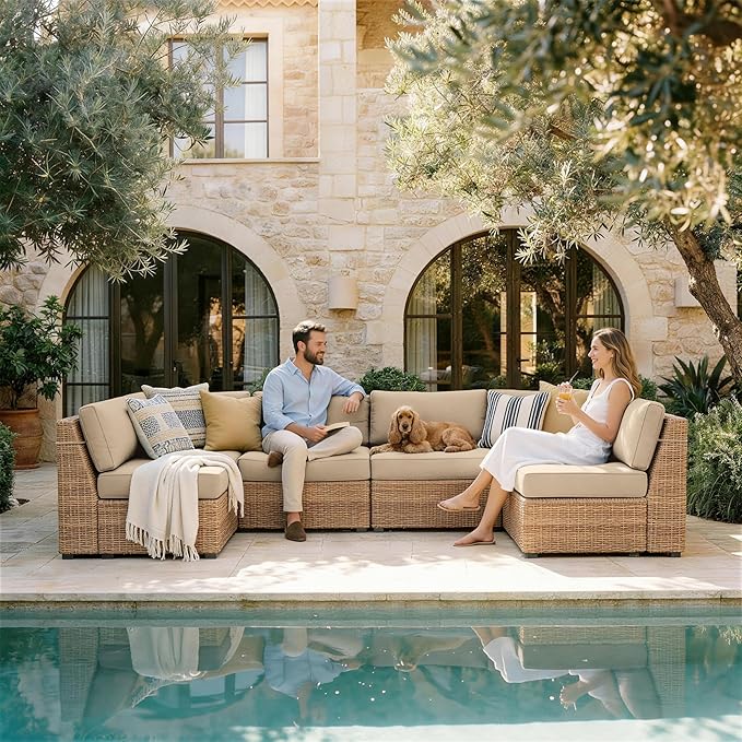 Outdoor Replacement Cushions for Patio Furniture, 5" Foam High-Density, 14-Piece Water-Resistant Outdoor Cushion for 6-Seat Sectional Patio Conversation Sets, Liner&Cover