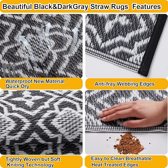 Outdoor Rug Waterproof 4x6 Porch Rug,Outdoor Mat 4x6 Small Balcony Mat,Reversible Plastic Straw Rug, Outdoor Rug for Camping Black and White Outdoor Rugs for Patio, Deck, RV, Camping, Beach, Backyard