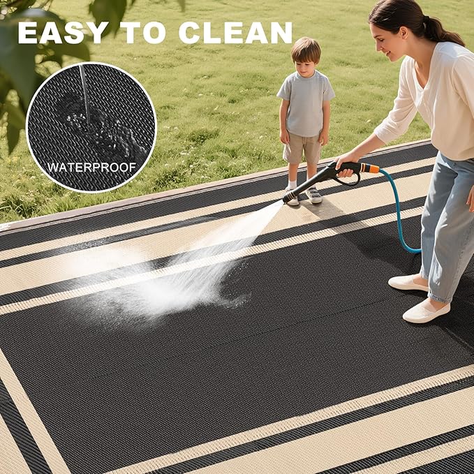 RURALITY Outdoor Rugs 5x8 Waterproof for Patios Clearance,Plastic Straw Mats for Backyard,Porch,Deck,Balcony,Reversible,Black and Beige