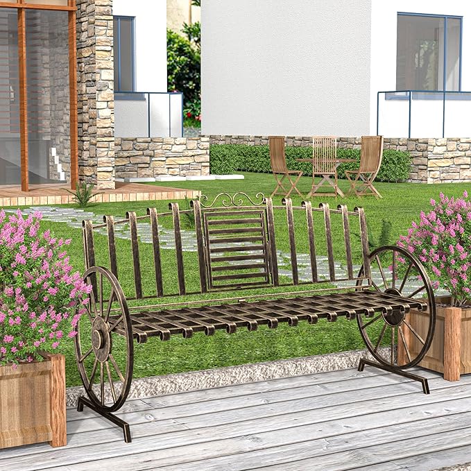 Outdoor Bench Patio Outdoor Garden Bench with Built-in Table, Wagon Wheel Arms, 3 People Outdoor Bench Garden Bench Front Porch Furniture Patio Lawn Yard Park (Bronze)