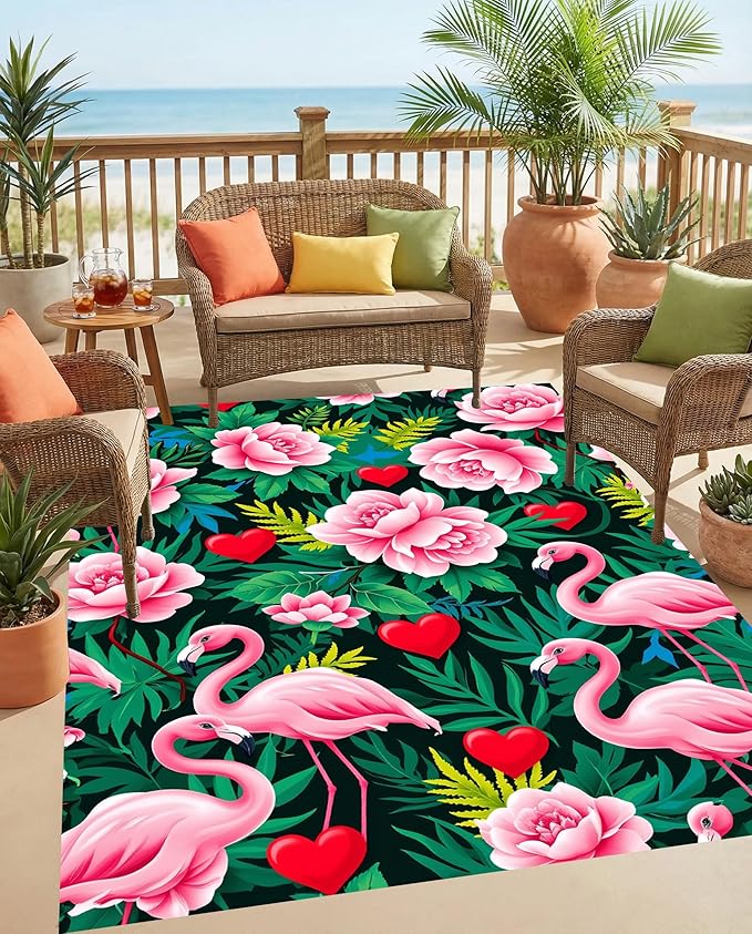 Tropical Flamingo Outdoor Rug 10x12 Emerald Green Pink Peony Flower Pattern Vibrant Floral Print Outside Rugs for Patio Balcony Deck Garden Modern Washable Waterproof RV Camping Backyard Mat