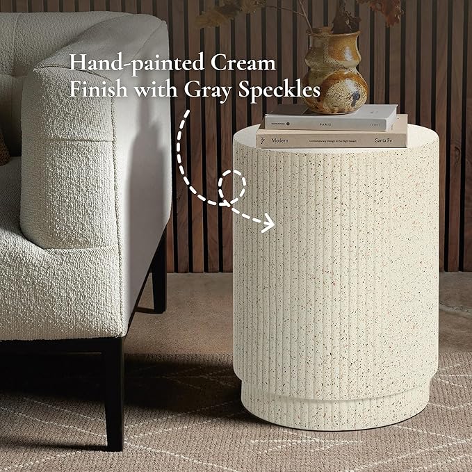 LuxenHome Cream Cement Round Outdoor Side Table, End Tables for Patio, Garden Small Accent Decorative Stool, Plant Stand Drum Table Indoor and Outdoor