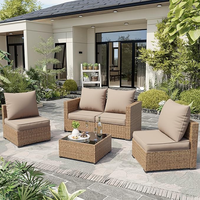 Amopatio Outdoor Chair Cushions 22.5"× 20.3" × 4", Set of 4 with Removable Cover, Waterproof & Fade Resistant seat Cushions for Patio Furniture, Beige