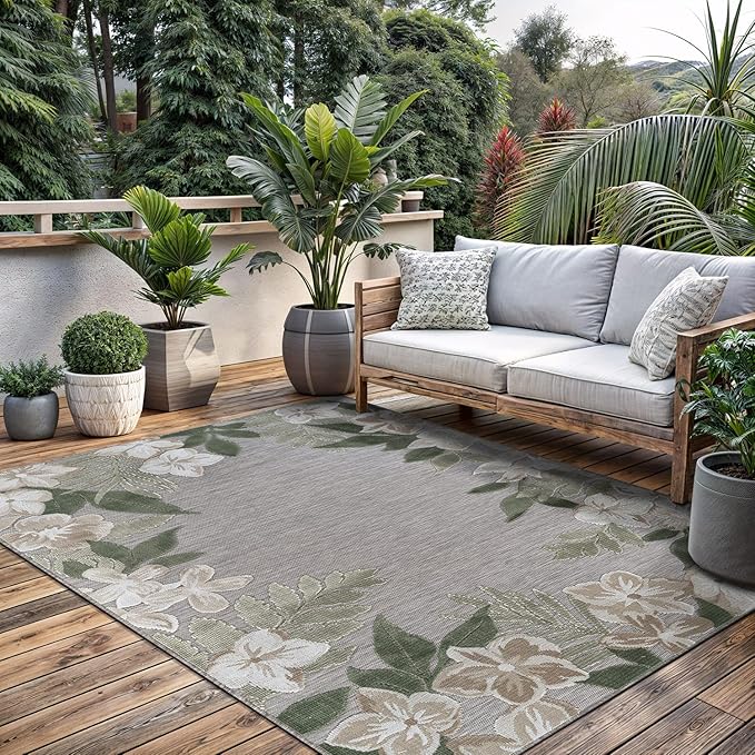 Outdoor Rug 9x12 Washable Area Rugs Indoor Outdoor Carpets Green Border Floral Non Shedding Waterproof Easy Clean Patio Deck Porch Living Room Bedroom Garden RV (9 X 12 Green)