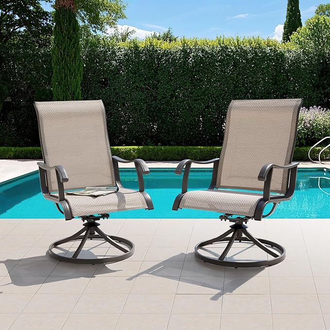 NUU GARDEN Patio Swivel Chairs Set of 2, Outdoor Dining Chairs with Armrests, Swivel Textilene Patio Dining Chair for All Weather, with Metal Frame, for Garden, Backyard, Deck, Poolside, Beige