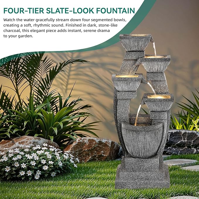 40.5" Outdoor Fountain, Four-Column & Bowls Water Feature with LED Lights, Modern Resin Soothing Cascading Waterfall for Patio, Backyard, Garden or Porch