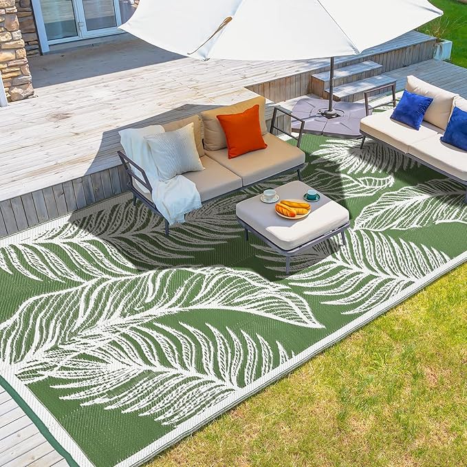 wikiwiki 6x9ft Outdoor Rug, Reversible Plastic Patio Rug Waterproof, Indoor Outdoor Carpet Clearance, Large Area Carpet for Patio Deck Balcony Pool RV Camping Beach Picnic, Green