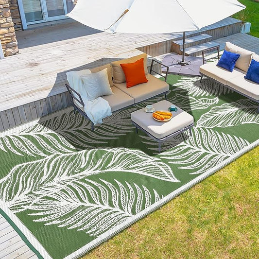 wikiwiki 6x9ft Outdoor Rug, Reversible Plastic Patio Rug Waterproof, Indoor Outdoor Carpet Clearance, Large Area Carpet for Patio Deck Balcony Pool RV Camping Beach Picnic, Green