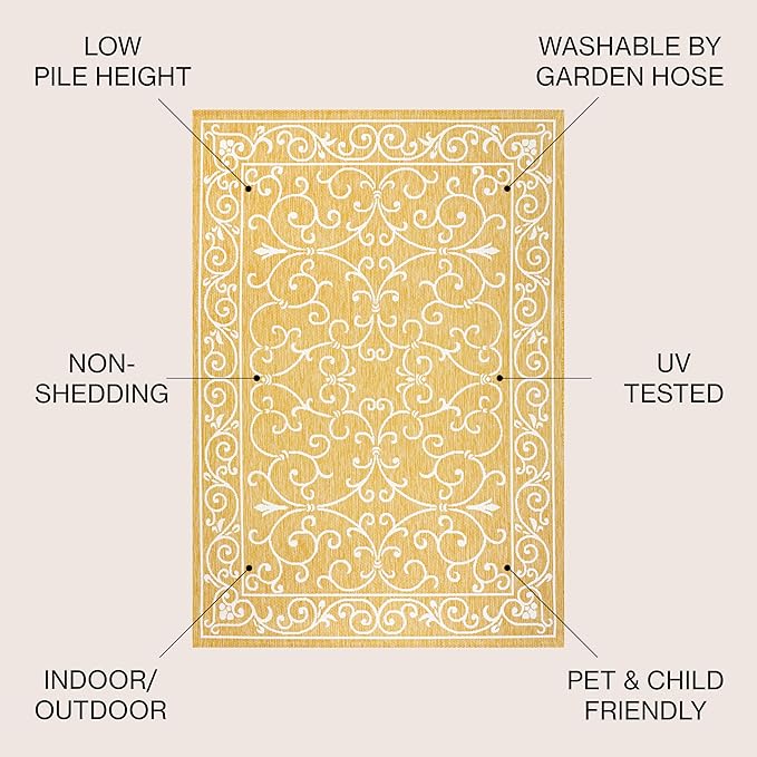 JONATHAN Y Vintage Filigree Indoor Outdoor Round Area Rug 5 Ft Yellow/Cream, Charleston Textured Weave for Backyard, Patio, Porch, Easy-Cleaning, High Traffic, Pet-Friendly, Non-Shedding (SMB106L-5R)