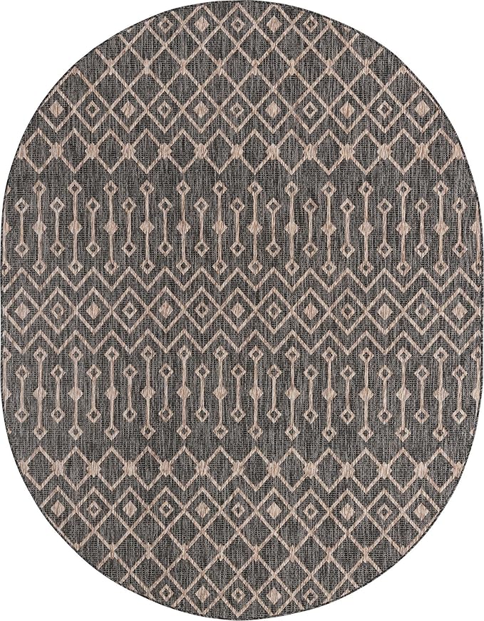 Unique Loom Outdoor Trellis Collection Area Rug - Tribal Trellis (7' 10" x 10' Oval, Charcoal Gray/ Natural)