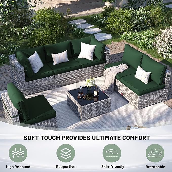 14 Piece Outdoor Sectional Cushions, Water-Resistant Outdoor Sofa Cushions Replacement, 4" High Density Foam Patio Furniture Cushions Fits 6-seat Rattan Conversation Set (Dark Green)