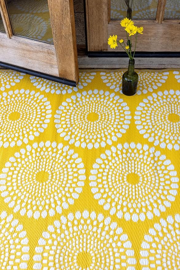 Fab Habitat Outdoor Rug - Waterproof, Fade Resistant, Crease-Free - Premium Recycled Plastic - Floral Medallion - Porch, Deck, Balcony, Mudroom, Laundry Room, Patio - Rio - Yellow - 3 x 5 ft