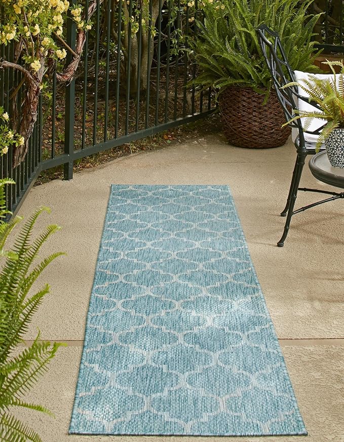 Unique Loom Outdoor Trellis Collection Area Rug (2' x 6' 1" Runner, Aquamarine/ Gray)