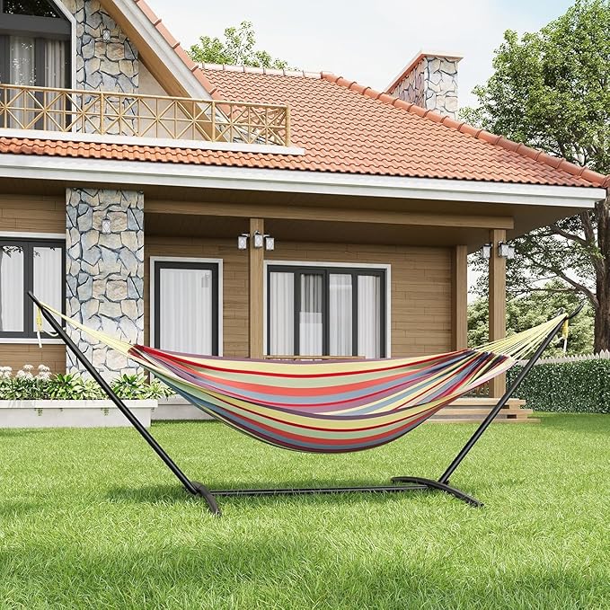 Double Hammock with Space Saving Steel Stand Included-2 Person Camping Hammock with Carry Bag, Outdoor Portable Hammocks, 450lb Capacity Standing Hammocks for Garden Yard(Yellow Rainbow)