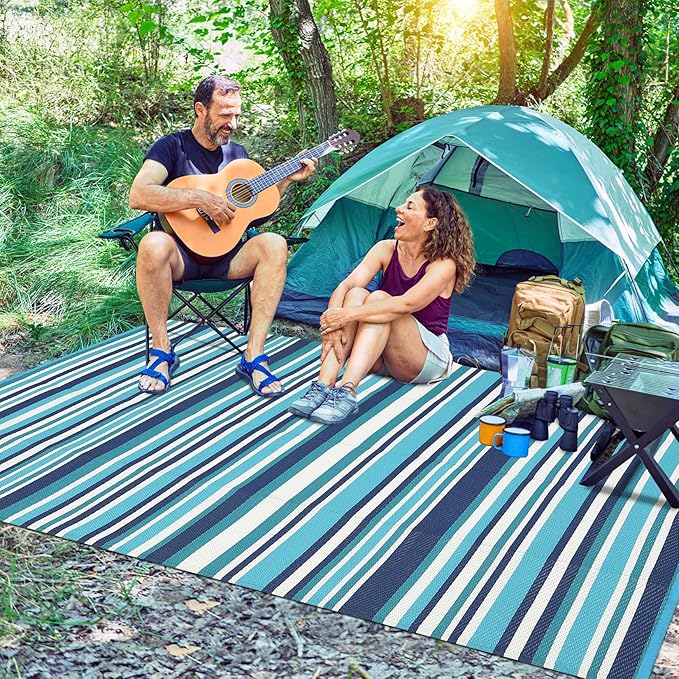 9x12 Outdoor Rug Waterproof Foldable Plastic Straw Carpet for Patio Porch Colorful Line Reversible Mat Lightweight Floor Mat for Picnic, Backyard, Rv, Beach, Deck, Camper, Balcony，Blue