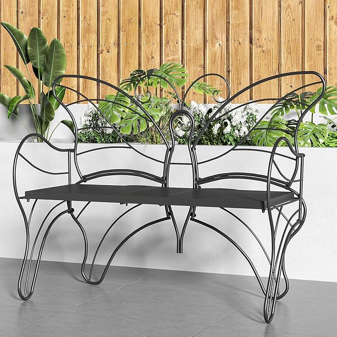 Outdoor Bench Patio Outdoor Garden Bench with Built-in Table, Butterfly Bench for Outside, 3 People Outdoor Bench Garden Bench Front Porch Furniture (Black, 49.2inch)