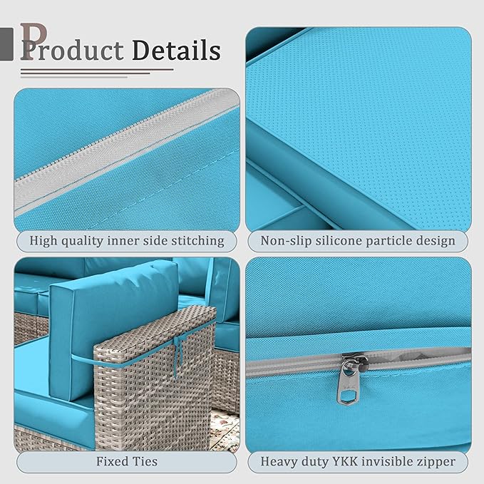 Outdoor Cushions for Patio Furniture with 5 Pillows, Waterproof Patio Furniture Cushions Replacement, 4" Deep Seat Outdoor Sectional Cushions for 4-seat Patio Furniture Chair Sofa Couch,Lake Blue