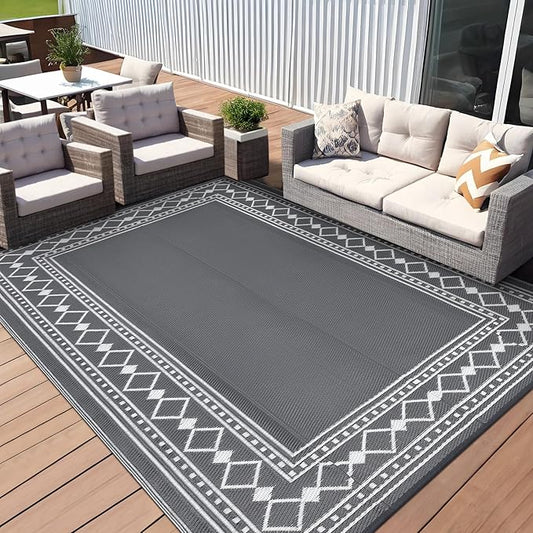 Garvee Large Outdoor Rug 10x20 Patio Rug Waterproof Plastic Straw Outdoor Carpet Washable Reversible Mat Modern Border Outdoor Rug for Camping RV Deck Porch Picnic Balcony Backyard,White/Grey