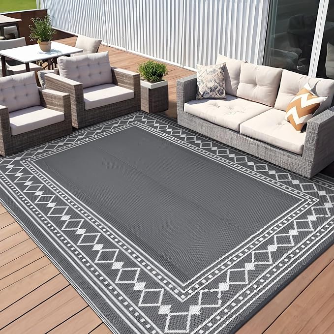 8x10 Outdoor Rug,Waterproof Geometric Plastic Straw Carpet,Easy Cleaning Folding Uv Resistant Picnic Camping Mat,Lightweight Outdoor Carpet,Grey/White