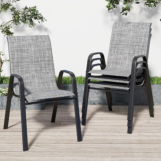 Patio Chairs Set of 4, Stackable Outdoor Dining Chairs for All Weather Textilene Fabric & Metal Frame, Outdoor Chairs Set for Backyard Deck Garden (Grey, Set of 4)