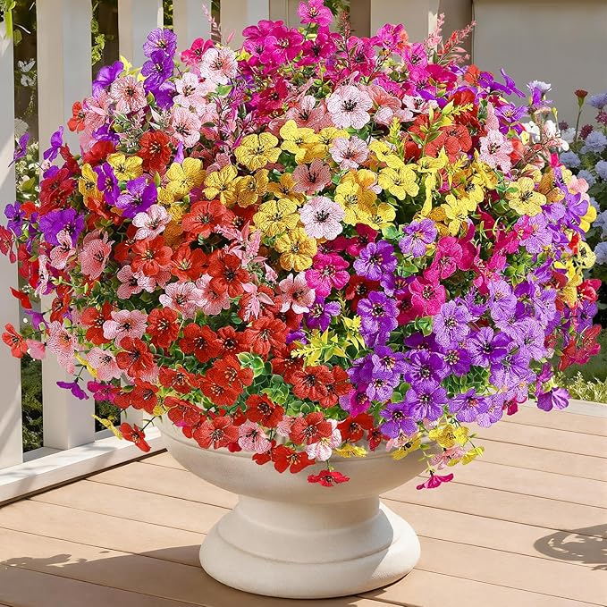 SHareconn 24 Bundles Artificial Flowers for Outdoors Decoration, Faux Plants Fake Silk Colorful Daisy Eucalyptus Lavender, UV Resistant for Outside Home Porch Patio Indoor Spring Decor, Mix 5 Colors