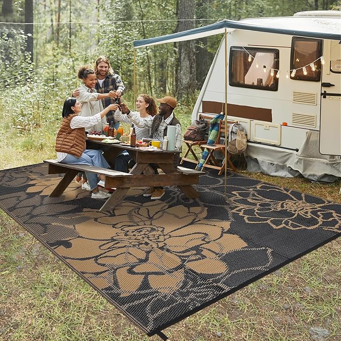 COZYLOOM Large Outdoor Rug 9x18 Waterproof Outdoor Plastic Straw Rug, Reversible Patio Rugs Floral Camping Mat with Portable Bag & Stakes, Foldable & UV Resistant Carpet for Yard Deck, Black&Brown