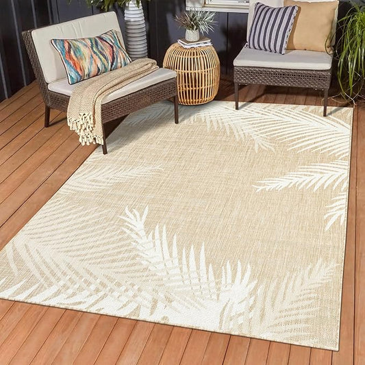 LR Home 8x10 Indoor/Outdoor Area Rug for Home Decor | Floral Large Size Carpet Suitable for Living Room, Bedroom, Playroom, Patio, Garden | Tropical Farmhouse Rug | Beige/Ivory