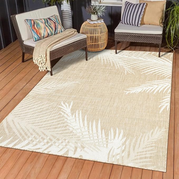 LR Home 5x7 Indoor/Outdoor Area Rug for Home Decor | Floral Carpet Suitable for Living Room, Bedroom, Playroom, Patio, Garden | Tropical Farmhouse Rug | Beige/Ivory
