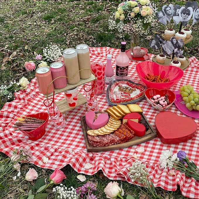 2-in-1 Extra Large Waterproof Picnic Blanket, 71x90in Dual Layers Portable Red Gingham Ruffled Mat Giant Beach Towel Yoga Leather Accessories Outdoor Camping Hiking Music Festival Pad