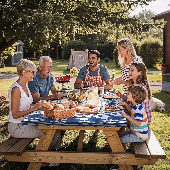 Fitted Waterproof Picnic Table Cover with Bench Covers Elastic 72×30Inch Weather Proof Non Slip Camping Table Clothes for 6Feet Rectangle Tables Campers Summer Fall Travel Hiking Tools Gifts