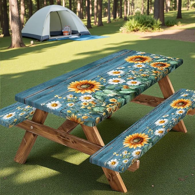 Picnic Table Cover with Bench Covers, Waterproof Elastic Fitted Tablecloths for 6 Foot Rectangle Tables, Outdoor Washable Sunflower Wooden Tablecloth for Camping 30X60in