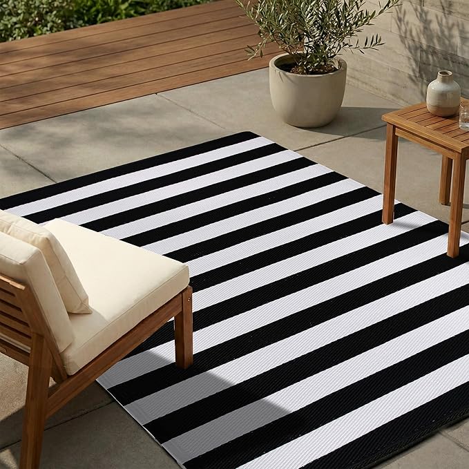 FH Home Outdoor Rug - Waterproof, Fade Resistant, Reversible - Premium Recycled Plastic - Striped - Patio, Deck, Porch, Balcony, Laundry Room - Brittany Stripe - Black & White Crease Free - 4 x 6 ft