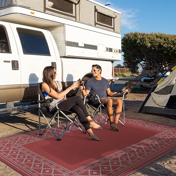 GENIMO Outdoor Rug Waterproof 8'x10' for Patio, Foldable Reversible Plastic Straw Carpet for Travel Trailers, Outside Area Mat for Rv, Deck, Picnic, Porch, Balcony, Beach, Red & Grey