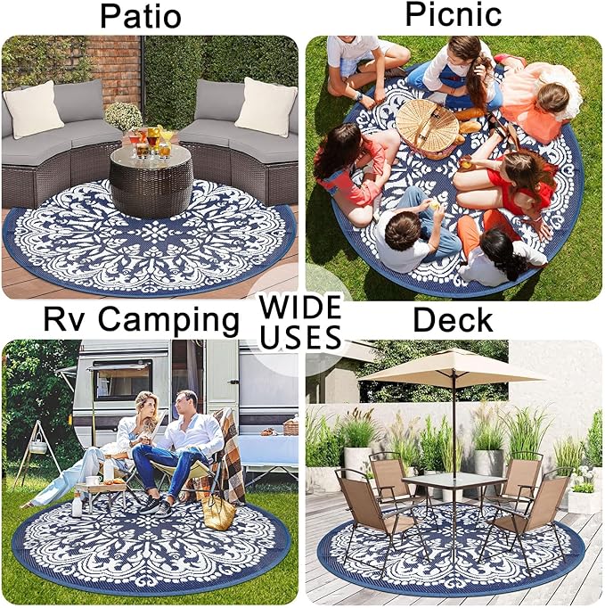 Homcomoda Round Outdoor Patio Rugs 6Ft Waterproof Indoor Outdoor Area Rugs Clearance Reversible Straw Rugs Circle Outdoor Area Rugs for Porch Garden Deck Backyard Balcony