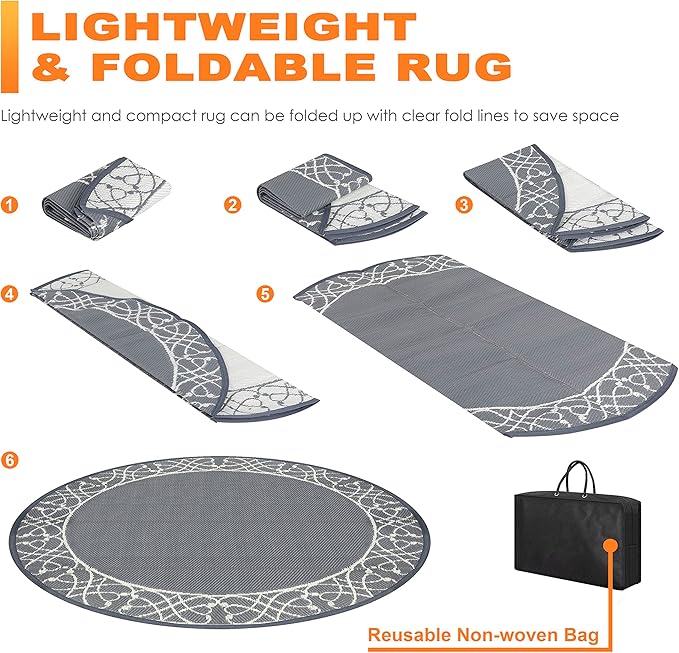 NUU GARDEN 5'x5' Round Outdoor Rug Reversible Patio Rug, Outdoor Plastic Straw Rug, Round Indoor Rugs for Garden, Balcony, Picnic, RV, Gray & Light Beige