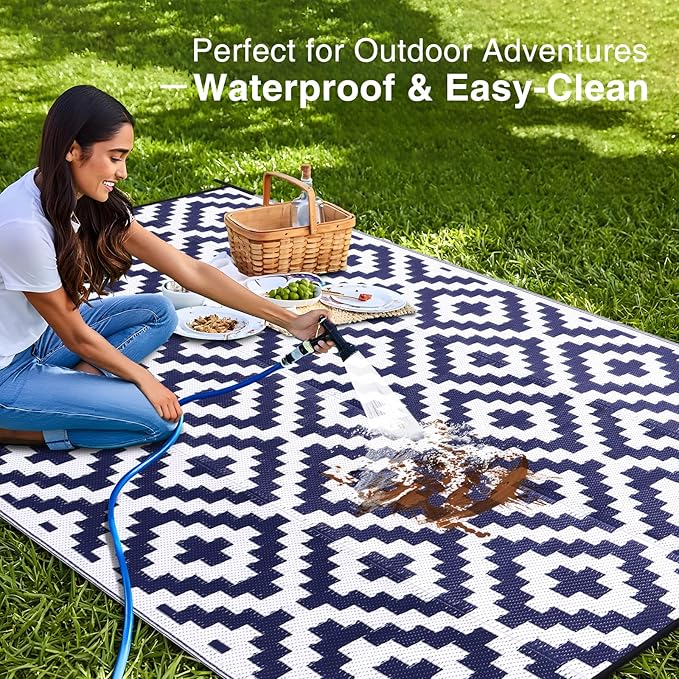 OLANLY Waterproof Outdoor Rug 6x9 ft, Outdoor Plastic Straw Rug for Camping, RV Mat Outside, Indoor Outdoor Carpet for Porch, Deck, Backyard, Balcony, Picnic, Navy & White