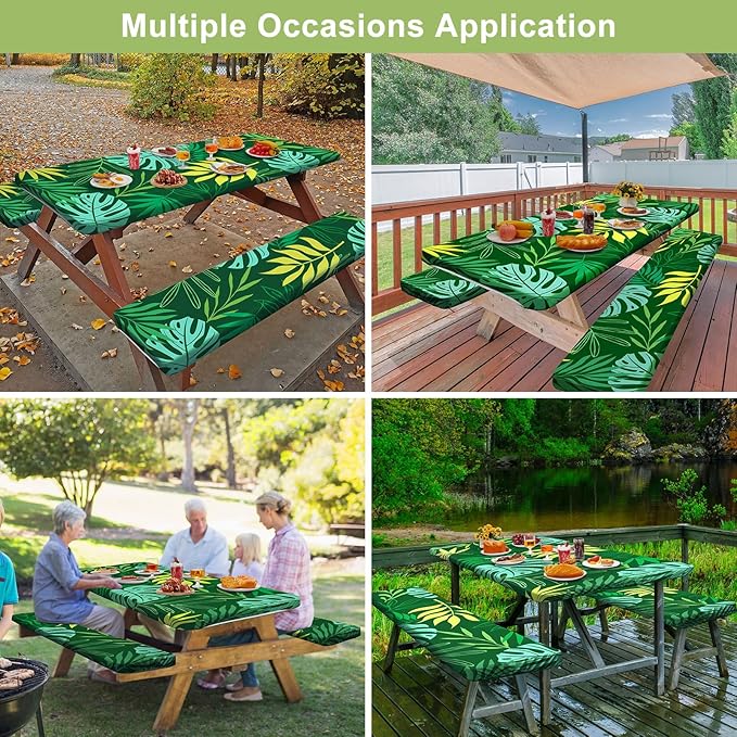 Picnic Table Cover with Bench Covers Camping Essentials Waterproof Windproof Camping Tablecloth with Drawstring Bag, Fitted Rectangle Tables and Seats, 72in, Dark Green