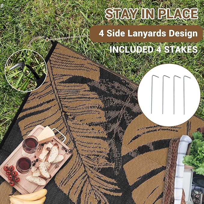 10x20 Large Outdoor Patio Rug Modern Leaf Print Plastic Straw Outdoor Rugs Waterproof Foldable UV Resistant Camping Reversible Mats for Deck, Porch, Camper, Balcony, Beach, Rv，Black/Brown