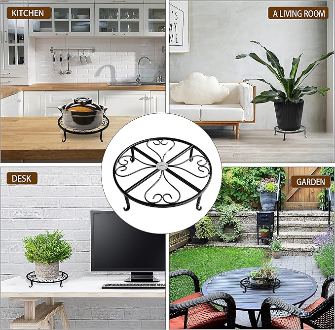2 Pack 12 Inches Metal Plant Stand for Indoor and Outdoor, Flower Pot Holder for Living Room and Garden, 3 Inches Tall Garden Plant Rack (12 inches, Black)
