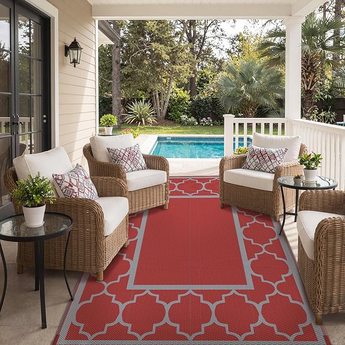 GENIMO 9' x 12' Outdoor Rug Waterproof for Patio Decor, Foldable Reversible Plastic Straw Area Rugs Mat for Camper, Outside Carpet for Rv, Deck, Porch, Picnic, Beach, Balcony, Red & Grey