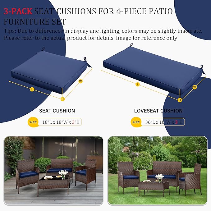 3 Pack Outdoor Replacement Cushions, Fit for 4-Seater Wicker Rattan Patio Conversation Set, 36x18x3,18x18x3, Liner & Cover