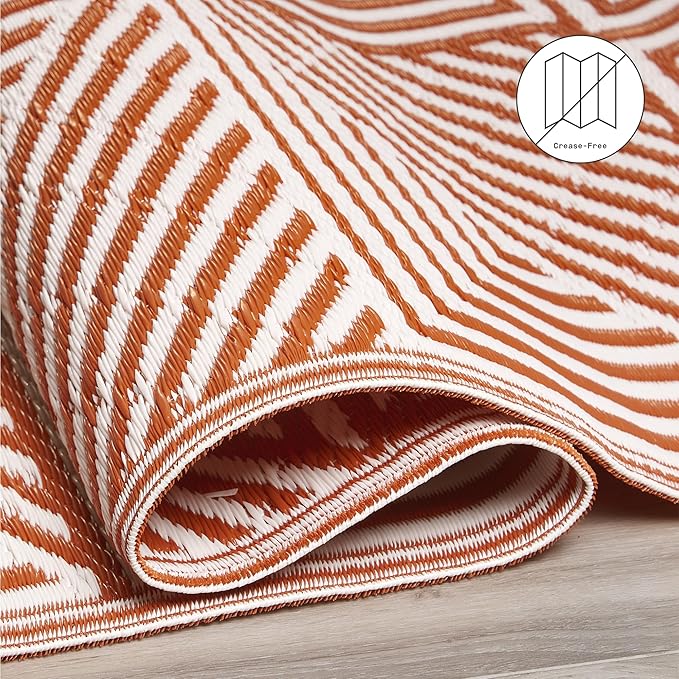 Fab Habitat Outdoor Rug - Waterproof, Fade Resistant, Crease-Free, Reversible - Premium Recycled Plastic - Modern Geometric - Patio, Porch, Deck, Balcony - Tokyo - Burnt Orange - 5 x 8 ft