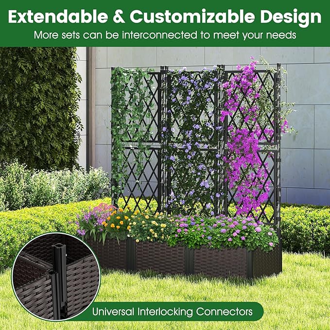 HAPPYGRILL Raised Garden Bed with Trellis, Double Self-Watering Planter Boxes w/Drain Holes for Climbing Vines Flowers Vegetables, Indoor Outdoor Tall Plant Support Privacy Fence for Backyard Balcony