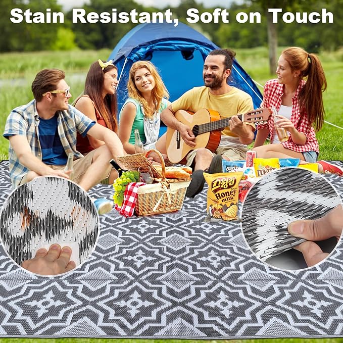 Outdoor Plastic Straw Rug 8x10 Waterproof Outdoor Patio Rug,Porch Balcony Rug,Reversible Rv Camping Floor Mat Outside Mat Camping Gifts(Grey&White, 8'x10')