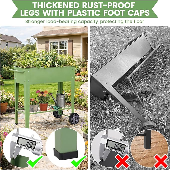 Tall Raised Garden Bed Outdoor with Wheels, Metal Elevated Raised Planter Box with Drainage Holes for Vegetables, Flower, Herbs(Green)
