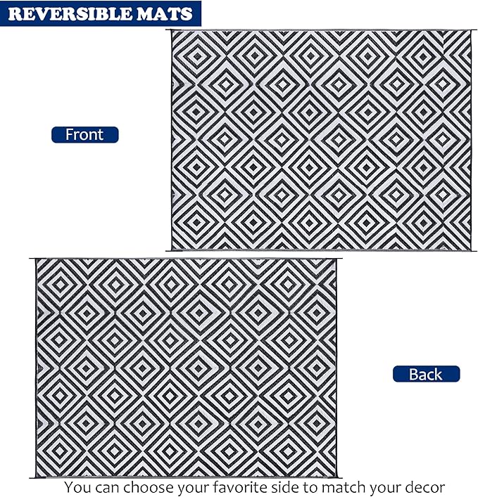 Reversible Mats, Outdoor Patio Rugs, Plastic Straw Rug, Modern Area Rug, Floor Mat for Outdoors, RV, Patio, Backyard, Deck, Picnic, Beach, Trailer, Camping (Diamond Black & White, 9' x 12')