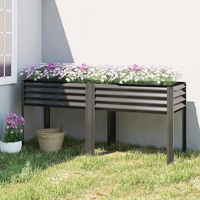 Outsunny Galvanized Raised Garden Bed with Legs, Extra Large Metal Raised Planter Box with Reinforced Bars and Non-Woven Fabric for Vegetables, Flowers, Herbs, 71" x 22" x 31.5", Dark Gray